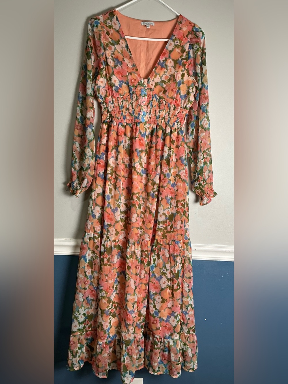 Peach Floral Long Sleeve Maxi Dress